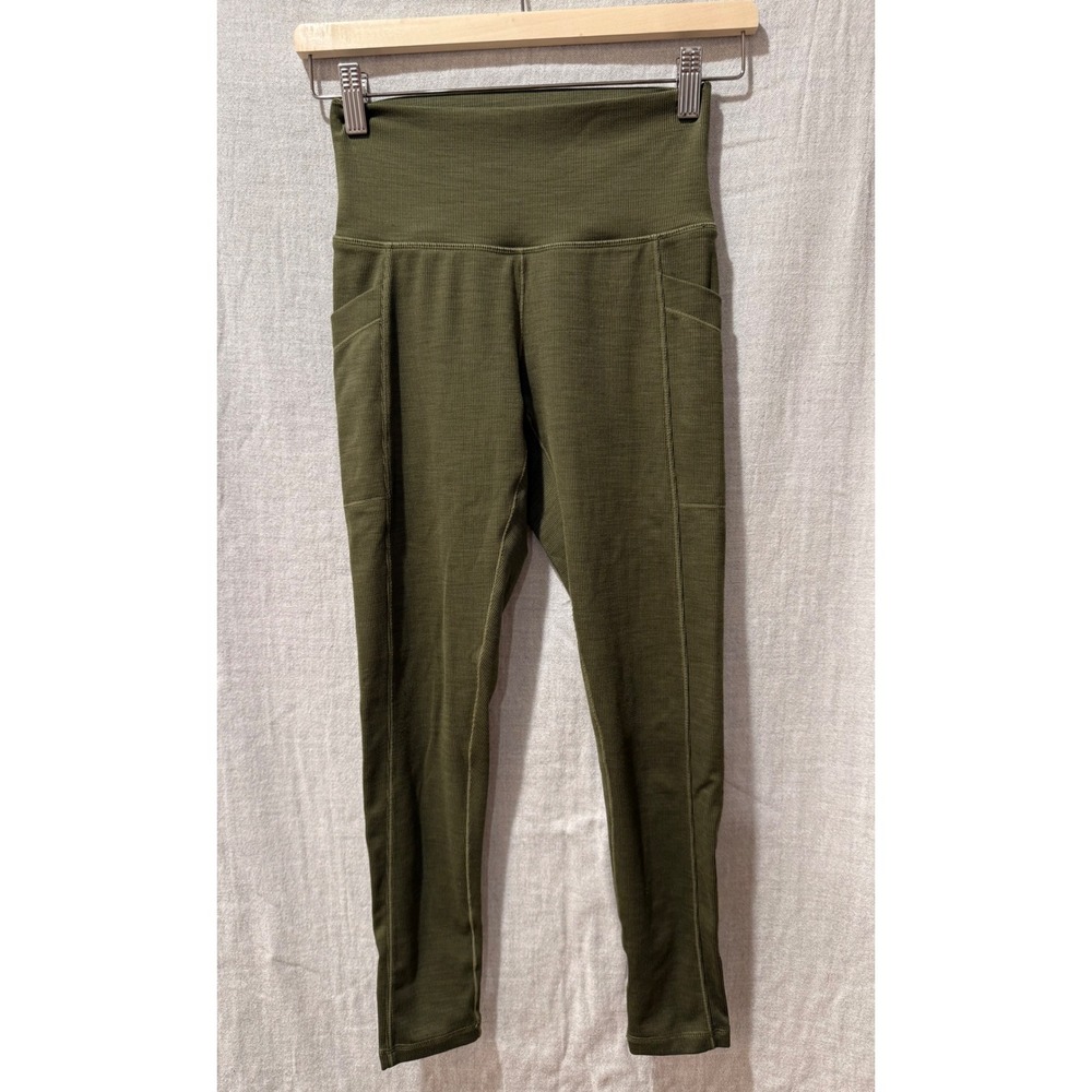 prAna Womens Becksa 7/8 High Rise Ribbed Athletic Leggings Pockets Olive/S